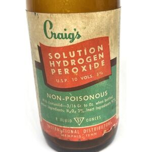 Vintage Amber Glass Hydrogen Peroxide Bottle 8 oz Label Metal Screw Cap
